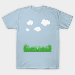 cloud and grass, white clouds green grass blue tee, sky t-shirt, blue sky cloud and grass, retro 8-bit clouds T-Shirt